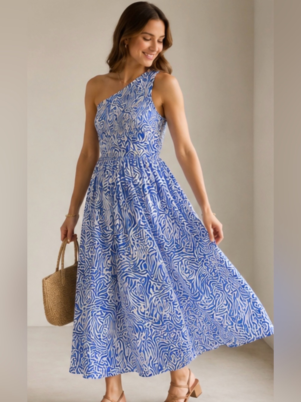 New Aakaa Blue & White One Shoulder Smocked Maxi Dress Size Small